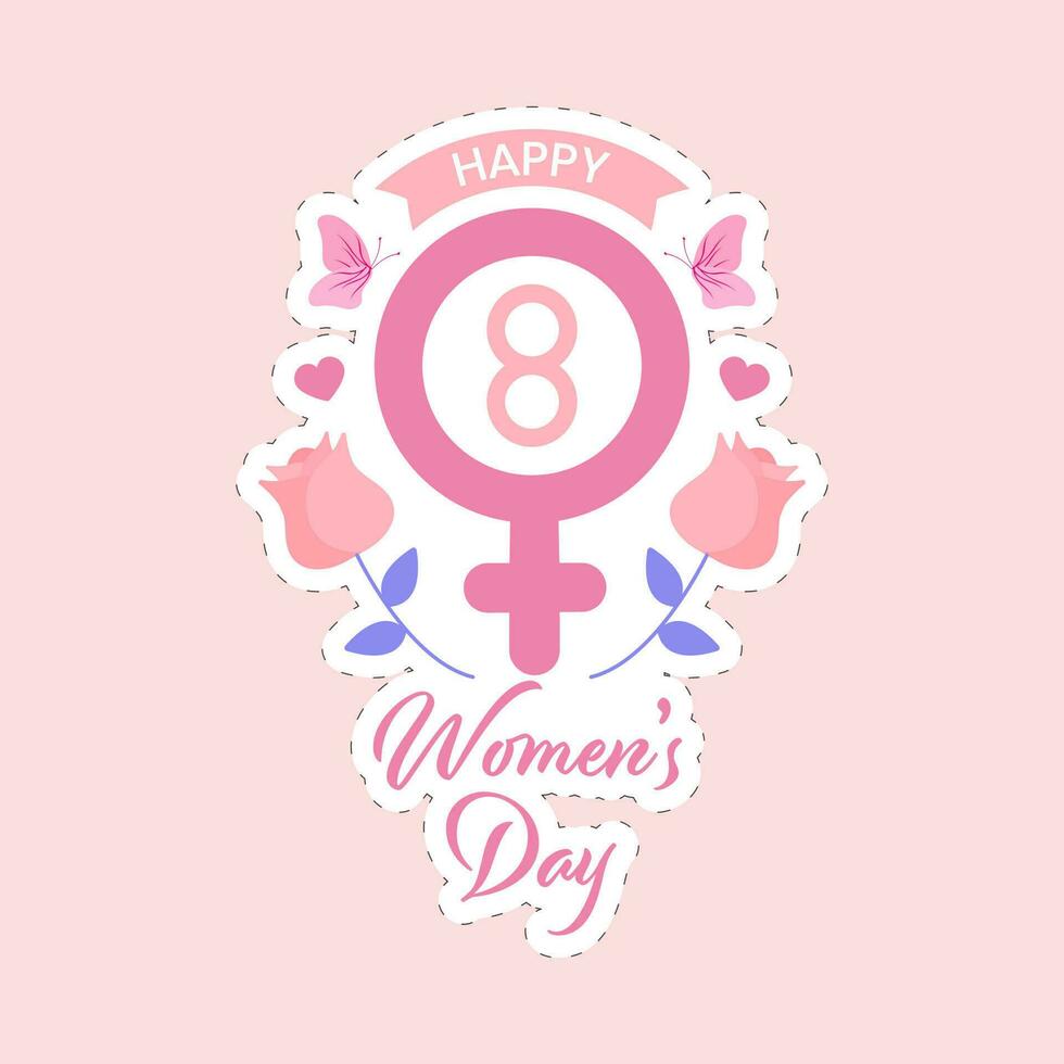 dekorerad 8:e Mars venus symbol med Lycklig kvinnors dag klistermärke mot rosa bakgrund. vektor