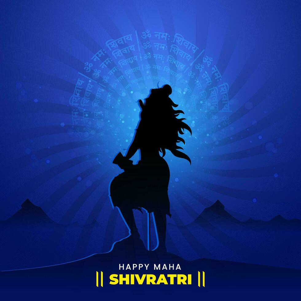 Hindu Mythologie Herr Shiva Stehen und gerundet om namah Shivaya Text auf Blau Strahlen Hintergrund zum maha Shivratri Konzept. vektor