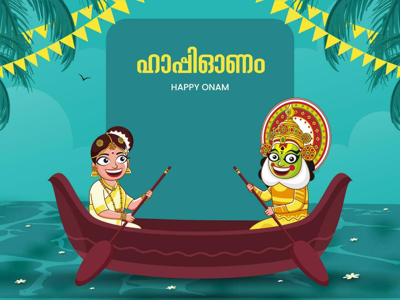 malayalam text av Lycklig onam med glad söder indisk kvinna och kathakali dansare på aranmula båt illustration. vektor