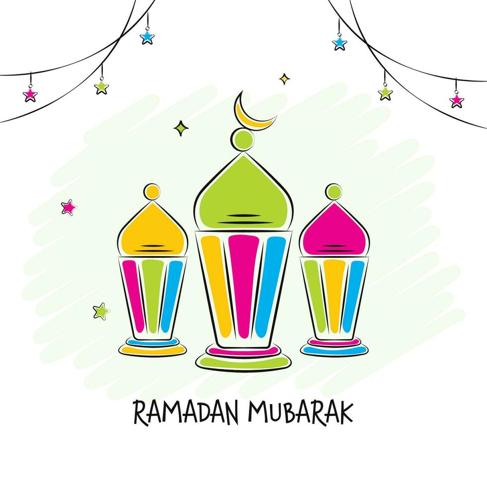 ramadan mubarak begrepp med vektor färgrik lyktor, halvmåne måne och hängande stjärnor dekorerad på vit bakgrund.