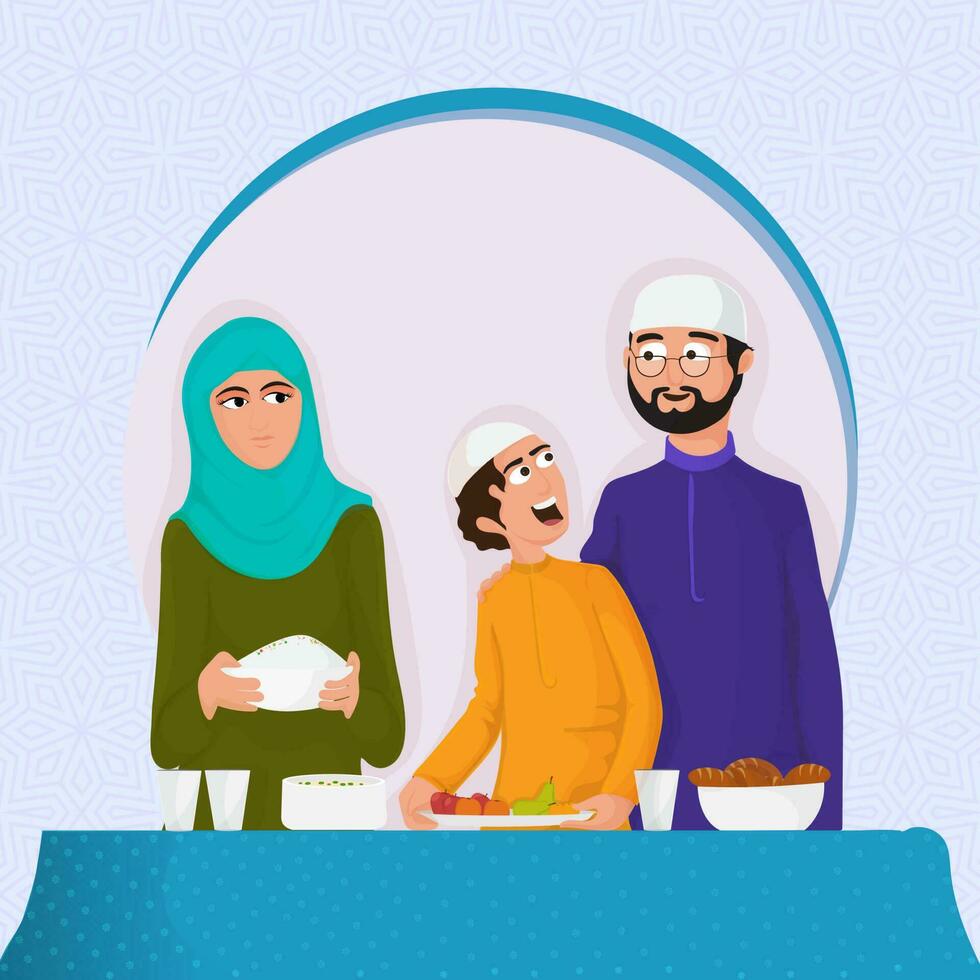 Vektor Illustration von islamisch Familie mit lecker Lebensmittel, Obst beim Tabelle und Kopieren Raum zum islamisch Festival Konzept.