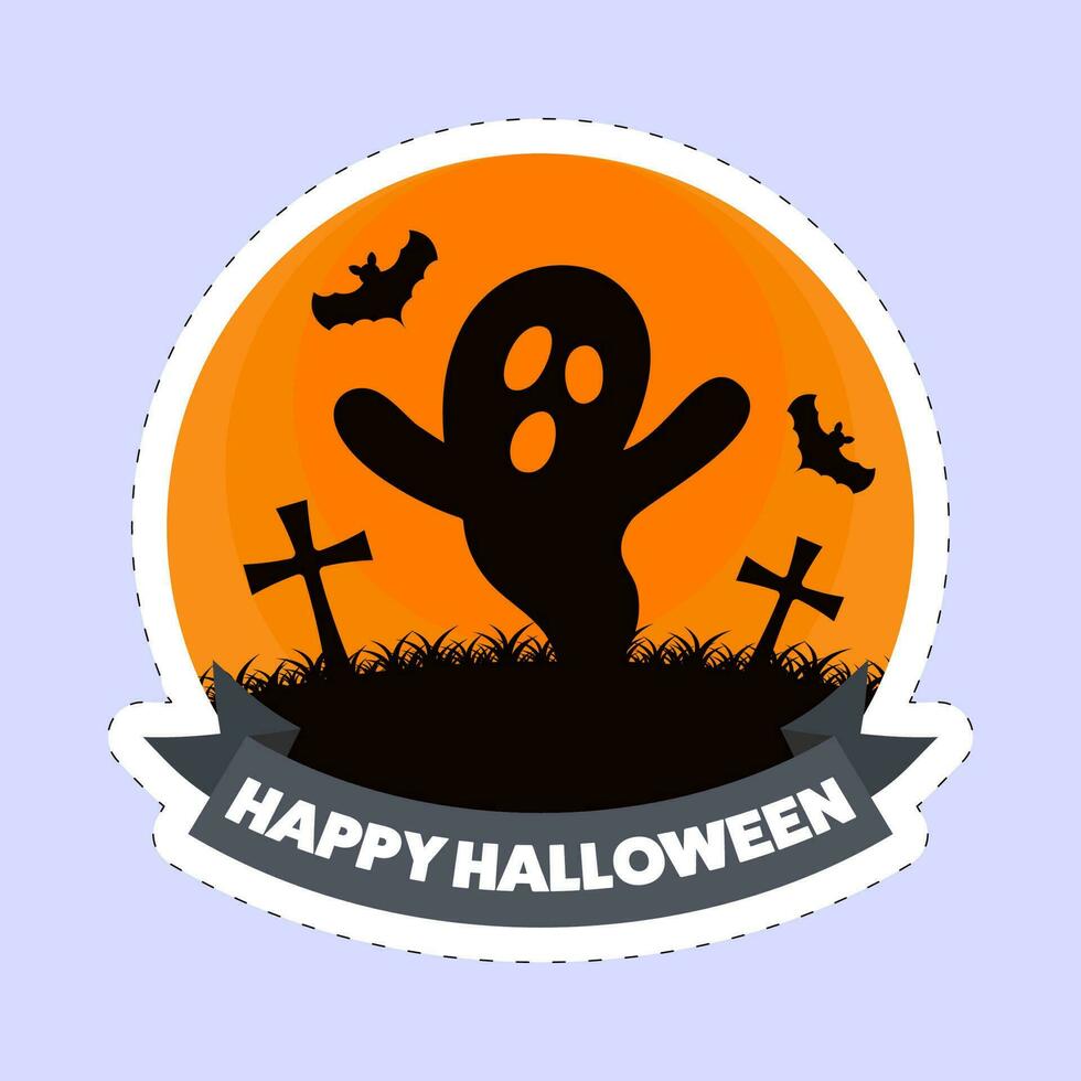 Aufkleber Stil glücklich Halloween Schriftart mit komisch Geist, Grabsteine, fliegend Fledermäuse auf Orange und Blau Hintergrund. vektor