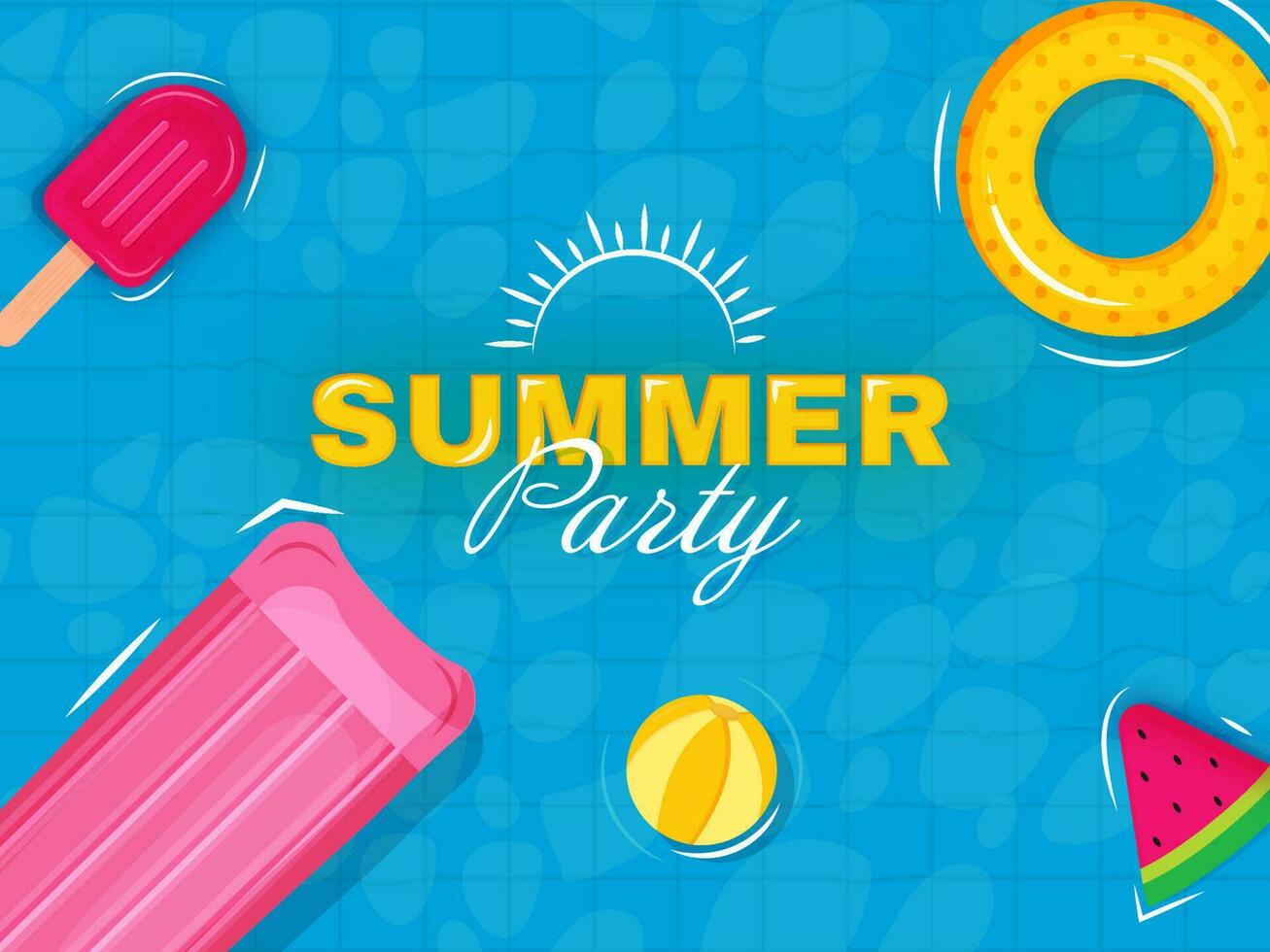 sommar fest text med linjär stil Sol, vattenmelon skiva, strand boll, uppblåsbar säng, livboj och is grädde pinne på blå simning slå samman bakgrund. vektor