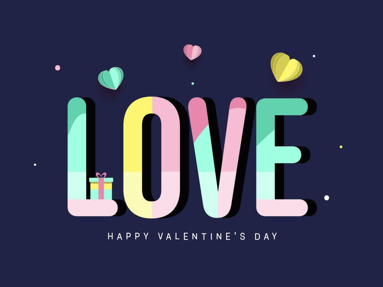 Pastell- Farbe Liebe Schriftart mit ein Geschenk Box und Papier Schnitt Herzen auf Blau Hintergrund zum glücklich Valentinstag Tag Konzept. vektor