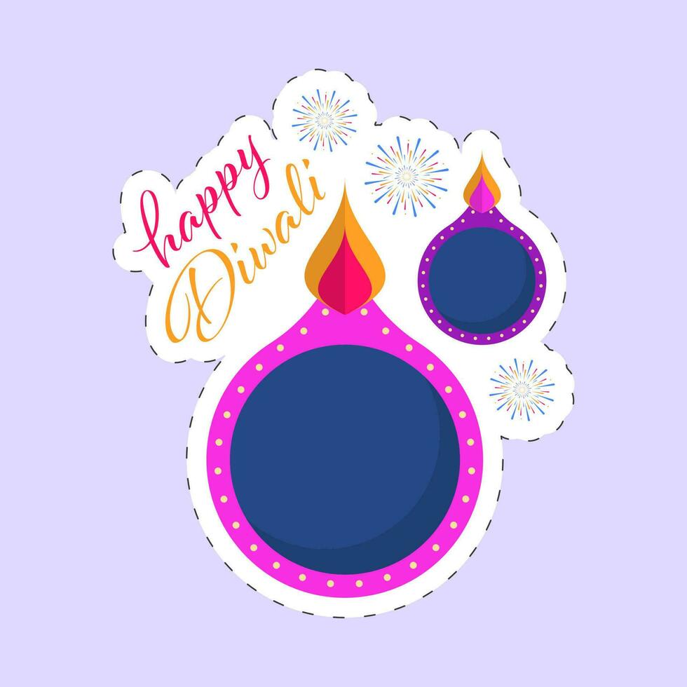 Aufkleber Stil glücklich Diwali Schriftart mit oben Aussicht von zündete Öl Lampen und Feuerwerk auf Pastell- violett Hintergrund. vektor