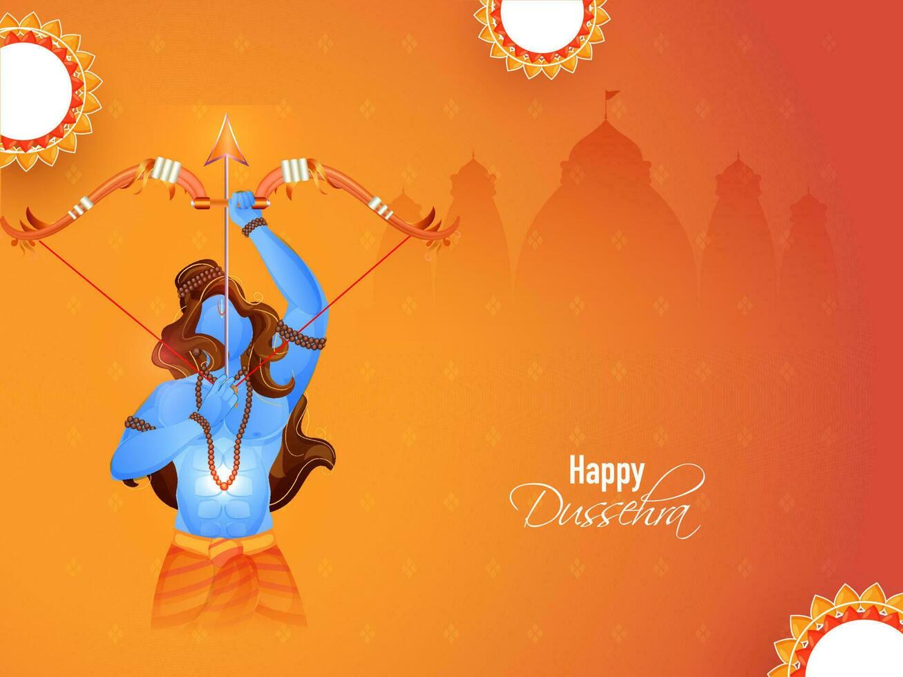 glücklich Dussehra Feier Konzept mit Hindu Mythologie Herr Rama nehmen ein Ziel und leeren Mandala Rahmen auf Orange Silhouette ayodhya oder Tempel Hintergrund. vektor