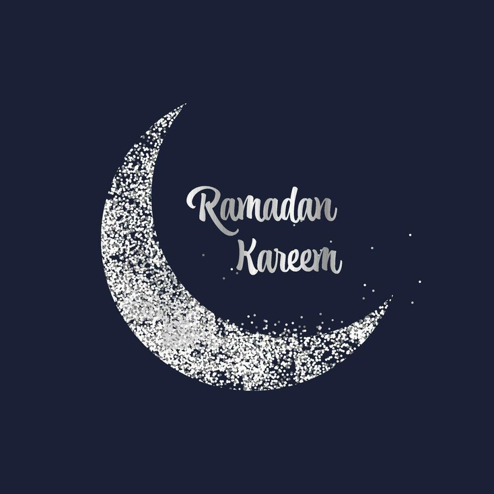 Ramadan kareem Text mit eben funkeln oder Punkte bewirken Halbmond Mond auf Blau Hintergrund. vektor