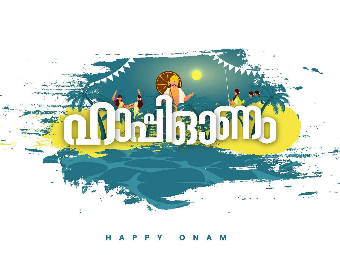 Malayalam Beschriftung von glücklich Onam mit König mahabali, Süd indisch Frauen und Bürste Schlaganfall bewirken auf Weiß Hintergrund. vektor
