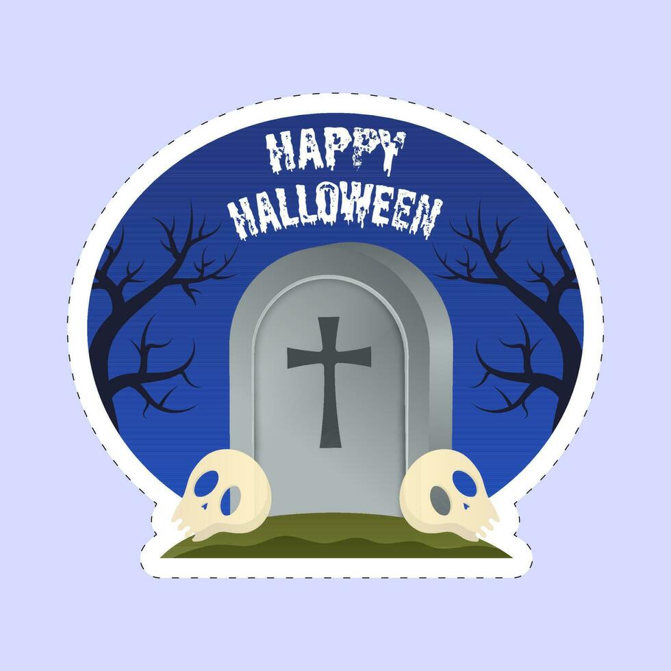 Lycklig halloween font med gravsten, skallar och bar träd i klistermärke stil på blå bakgrund. vektor