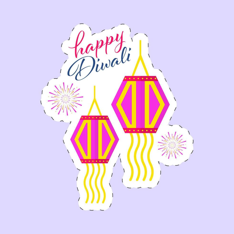 klistermärke stil Lycklig diwali font med traditionell lyktor hänga och fyrverkeri på pastell violett bakgrund. vektor