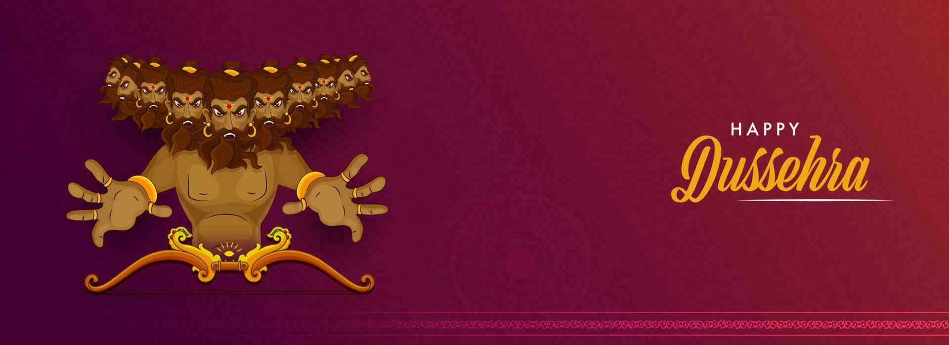 glücklich Dussehra Banner oder Header Design mit Dämon König Ravana Charakter, Bogenschütze Bogen auf Gradient rot und lila Hintergrund. vektor