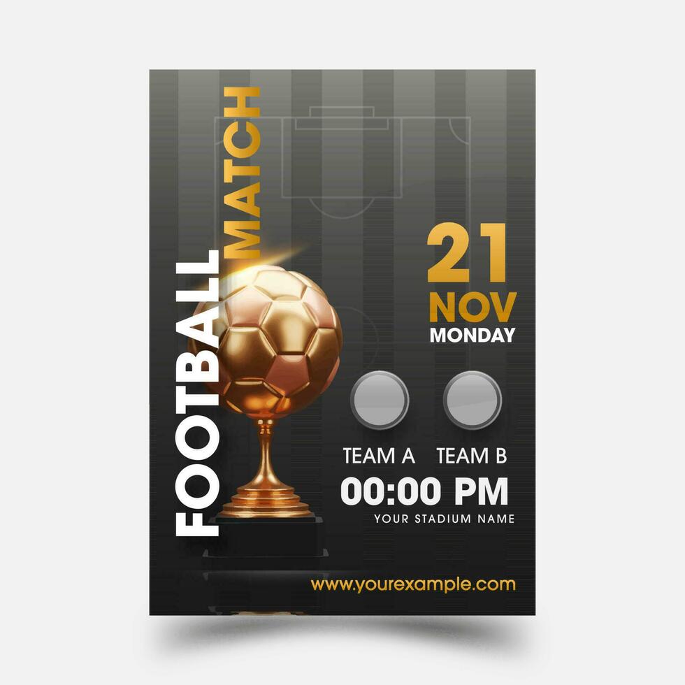 Fußball Wettbewerb Flyer oder Poster Vorlage mit realistisch golden Fußball Tasse, und Spiel Tag Einzelheiten. vektor