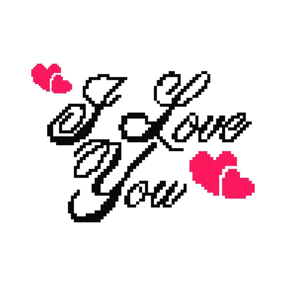 pixel stil jag kärlek du meddelande med rosa hjärtan på vit bakgrund. vektor