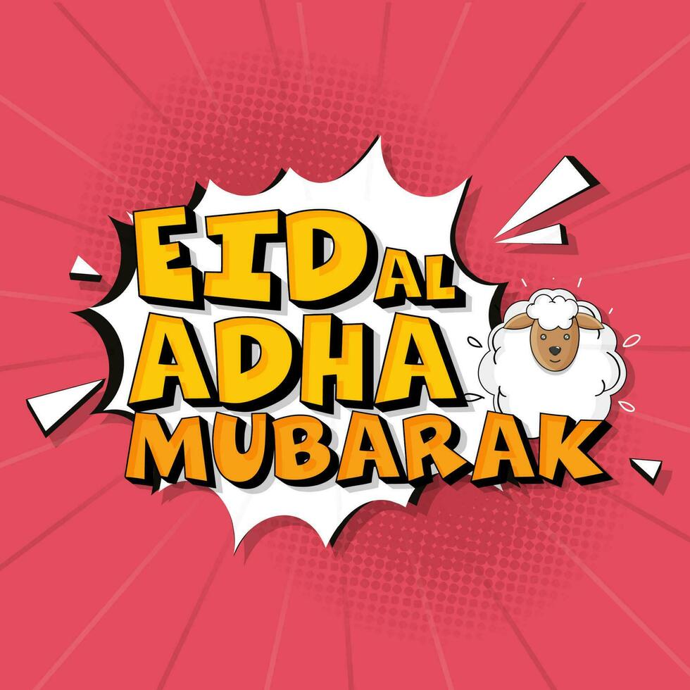 eid al Adha mubarak font med tecknad serie får på röd och vit pop- konst stil bakgrund. vektor