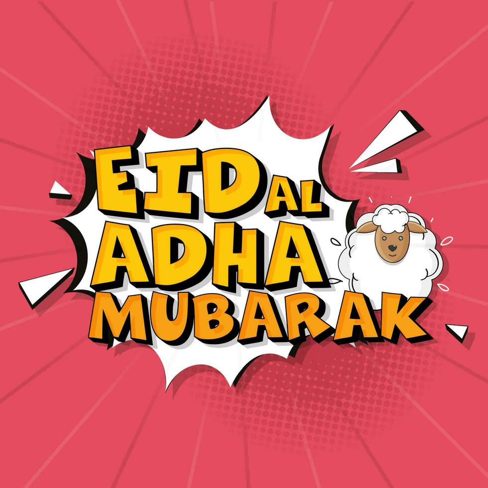 eid al adha Mubarak Schriftart mit Karikatur Schaf auf rot und Weiß Pop Kunst Stil Hintergrund. vektor