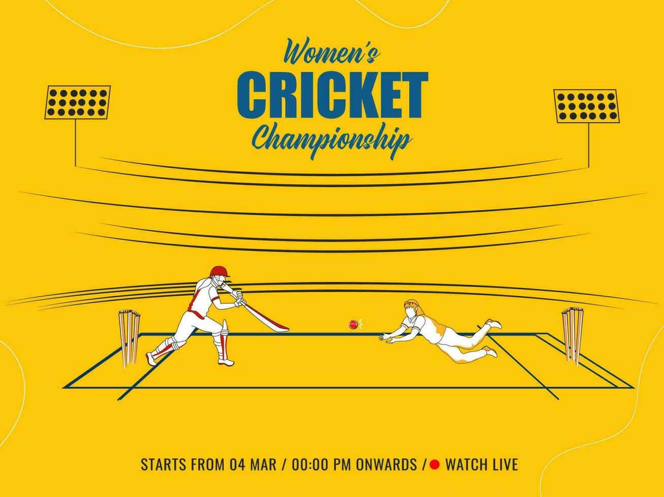 leva kvinnors cricket mästerskap begrepp med smet spelare slå boll och Fielder spelare i fånga utgör på krom gul bakgrund. vektor
