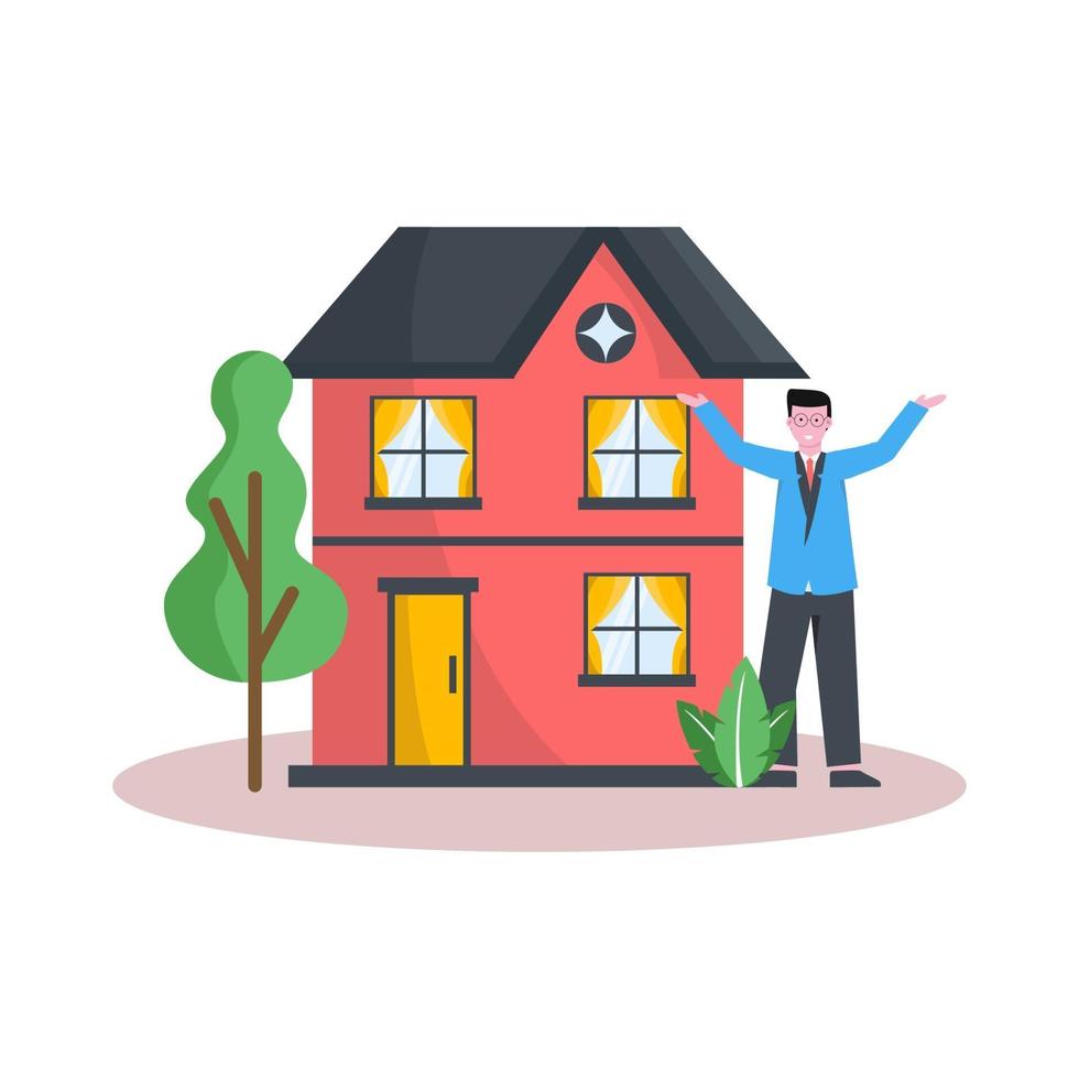 flache Vektorillustration von Immobilienhaus- und Immobilienanzeigen zeigen Verkäufer und Käufer an vektor