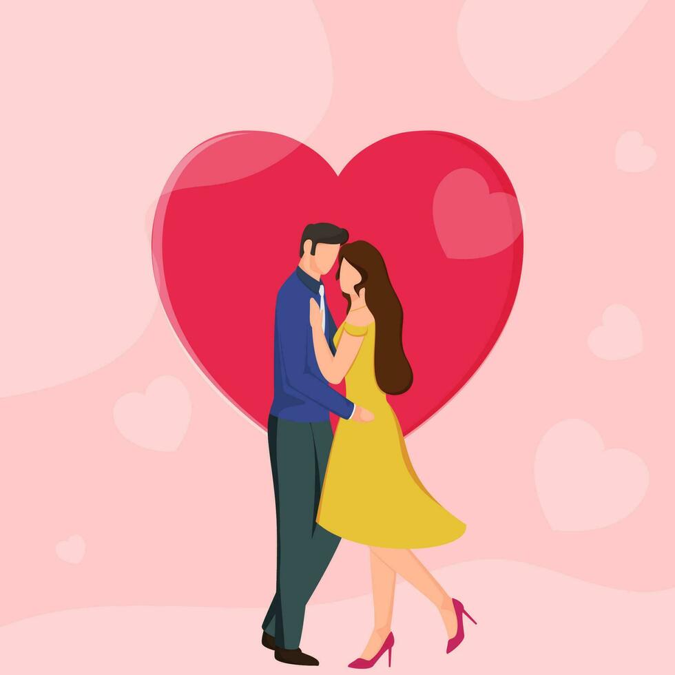 ansiktslös romantisk ung par stående tillsammans mot rosa hjärtan bakgrund för kärlek begrepp. vektor