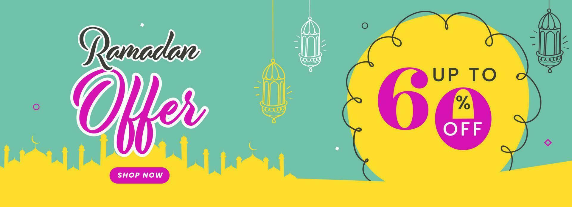 zum Ramadan Verkauf Banner oder Header Design mit Laternen aufhängen, Silhouette Moschee im Gelb und Türkis Farbe. vektor