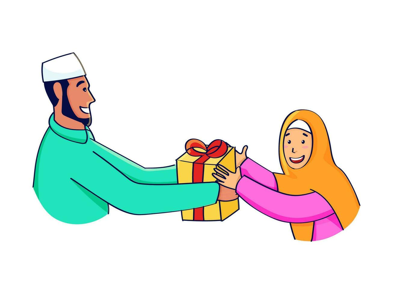 islamisch Mann geben Geschenk Box zu Frau auf Weiß Hintergrund. vektor