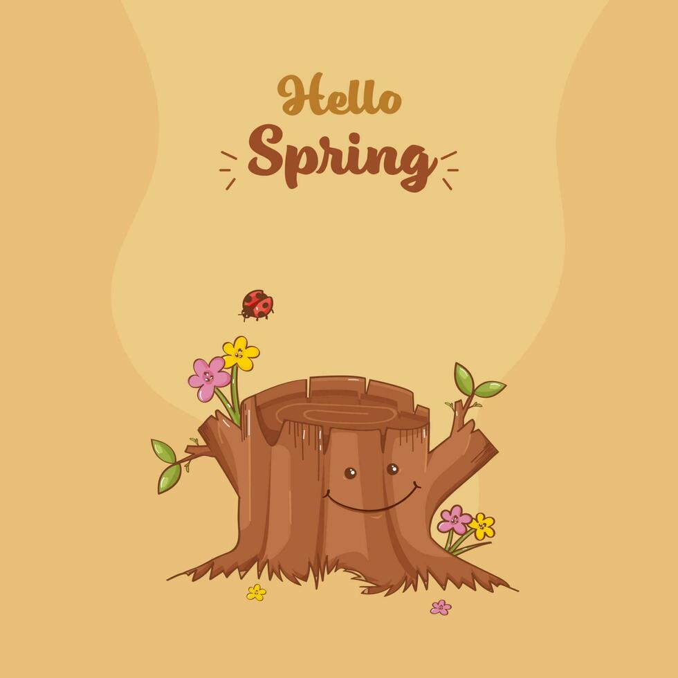 Hallo Frühling Poster Design mit Smiley Baum Stumpf, Blumen und Marienkäfer auf Orange Hintergrund. vektor