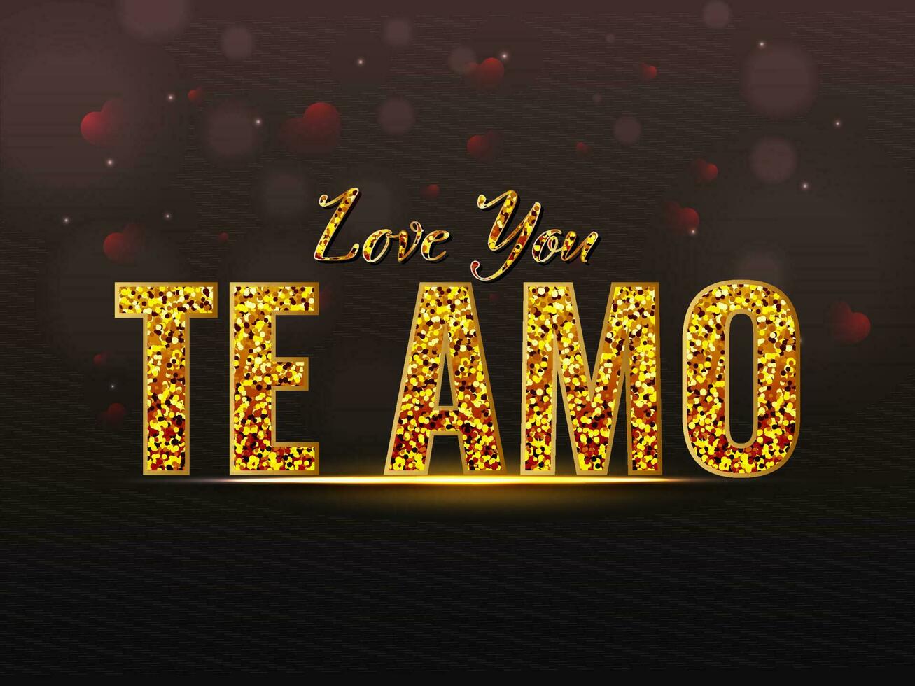 golden glänzend Liebe Sie te am Schriftart mit rot Herzen auf schwarz Bokeh Hintergrund. vektor