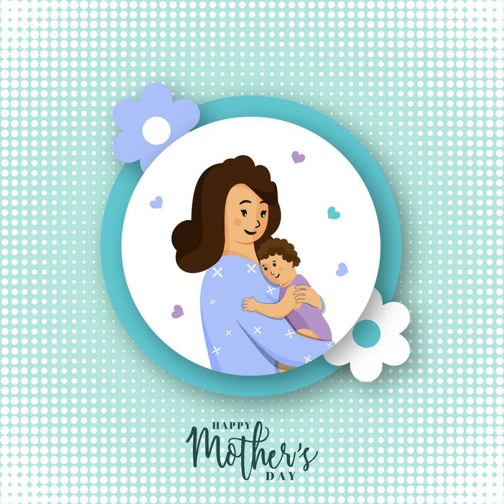 glücklich Mutter Tag Gruß Karte mit jung Dame umarmen ihr Baby auf Weiß und Blau Halbton Muster Hintergrund. vektor