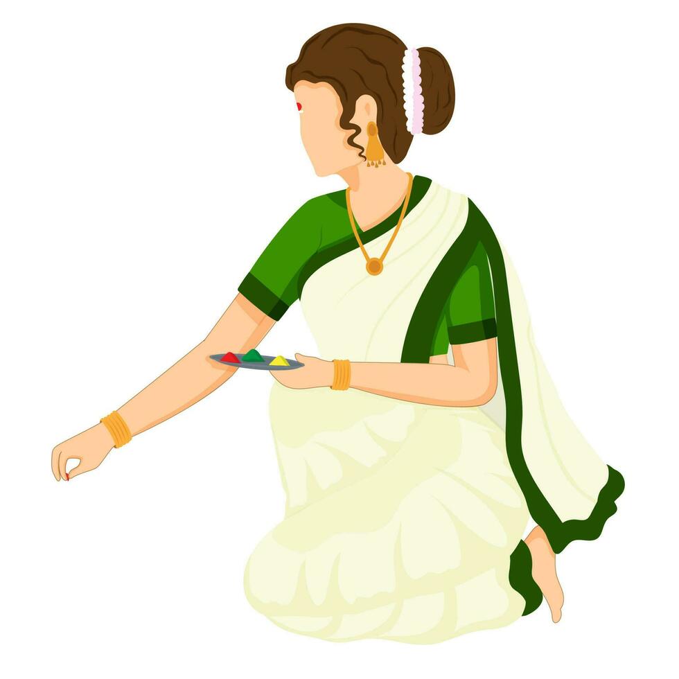 söder indisk ung lady innehav färger tallrik för framställning rangoli. vektor