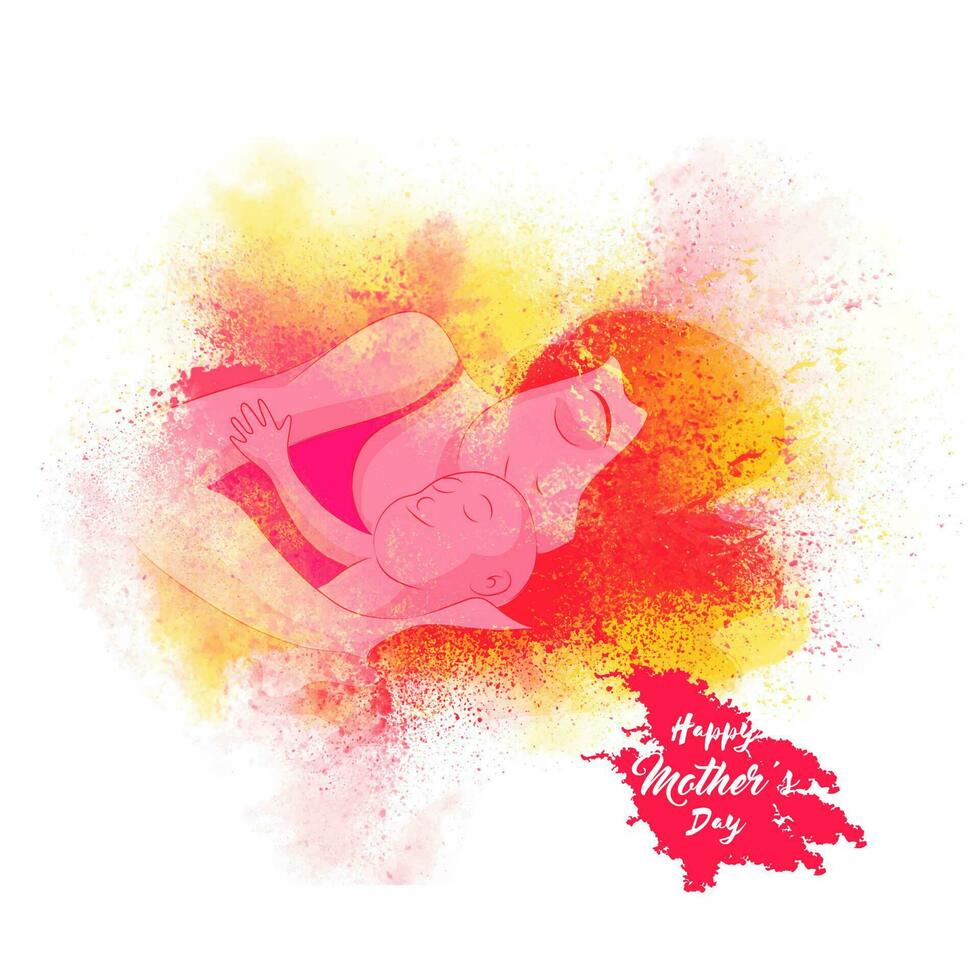 Lycklig mors dag font med Färg stänk effekt ung lady innehav spädbarn bebis på vit bakgrund. vektor