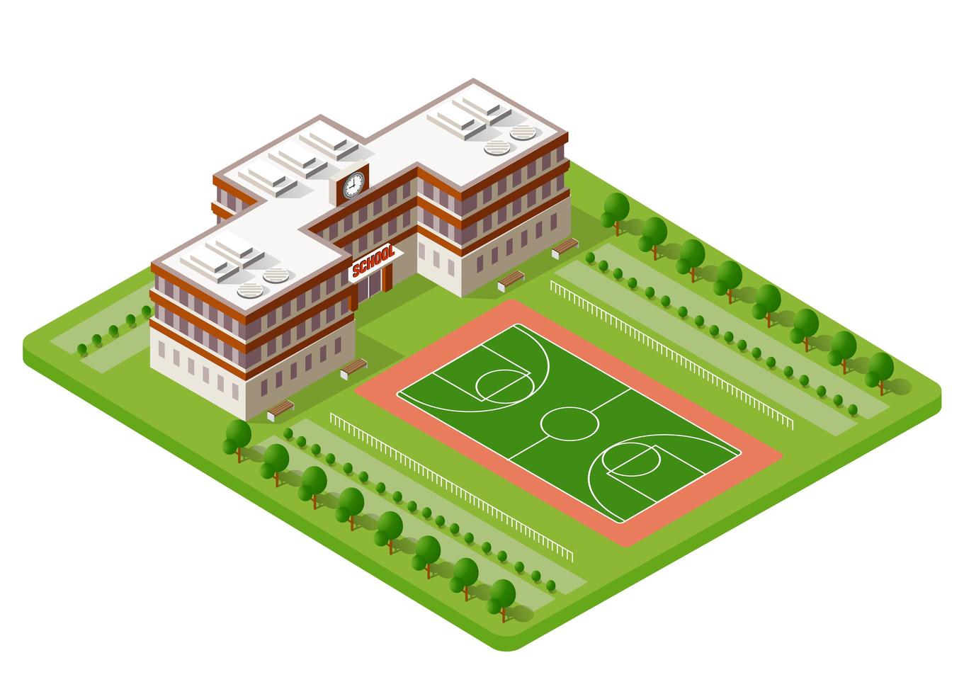 Schulisometrische Gebäudestudienausbildung städtische Infrastruktur für konzeptionelles Design Vektorillustration mit Häusern und Straßen. vektor