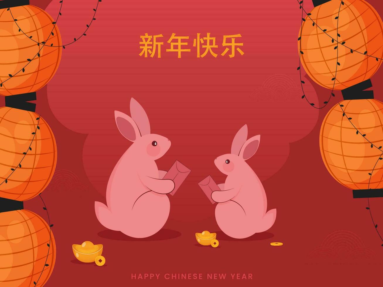 Lycklig ny år text skriven i kinesisk språk med söt kaniner innehav kuvert, göt, guld qing ming mynt, belysning krans och traditionell lyktor på röd bakgrund. vektor