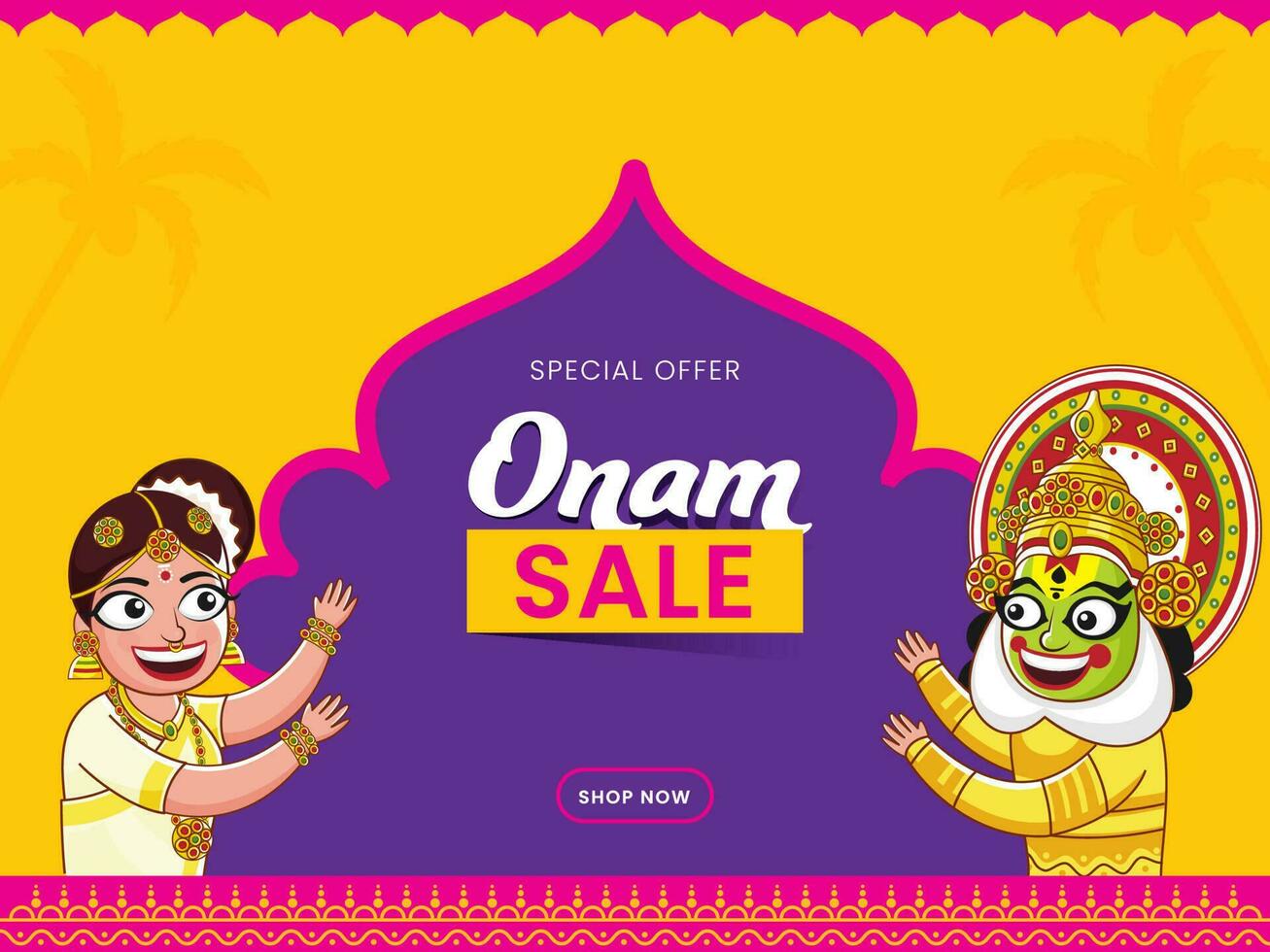 Onam Verkauf Poster Design mit Kathakali Tänzer, Süd indisch Frau Charakter auf lila und Chrom Gelb Hintergrund. vektor