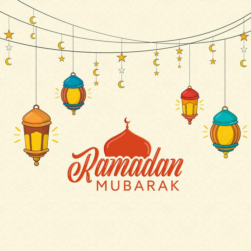 ramadan mubarak font med moské kupol, arabicum lyktor, halvmåne måne, stjärnor sträng dekorerad beige mandala mönster bakgrund. vektor