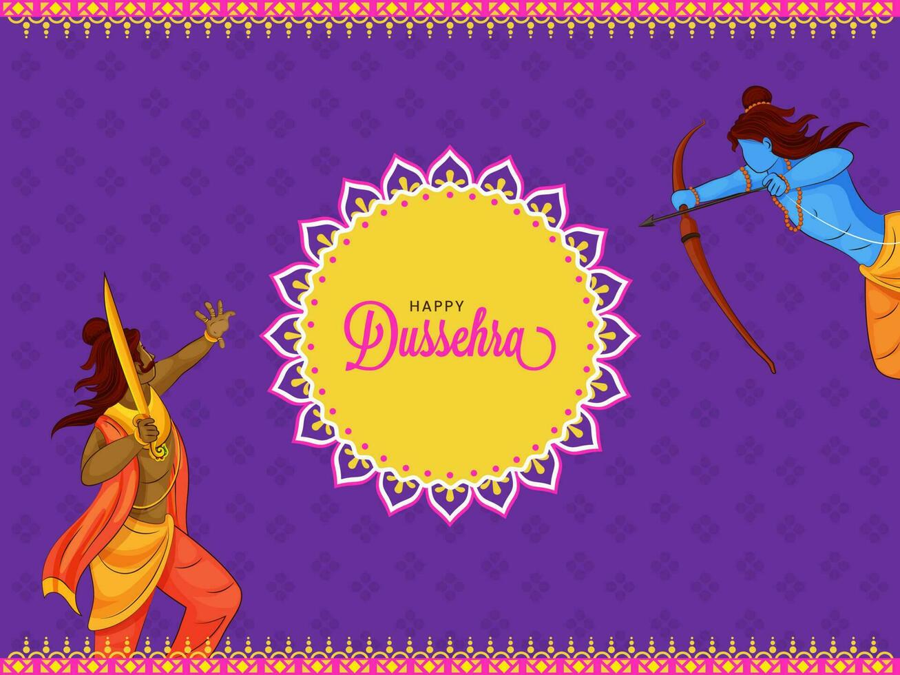 glücklich Dussehra Feier Poster Design mit Schlacht zwischen Herr Rama und Dämon Ravana auf Gelb und lila Hintergrund. vektor