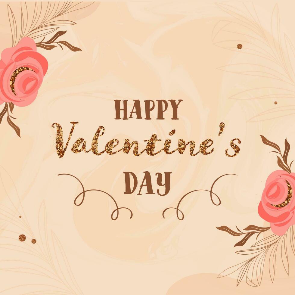 glücklich Valentinstag Tag Schriftart mit Blumen- dekoriert auf Beige Flüssigkeit Kunst Hintergrund. vektor