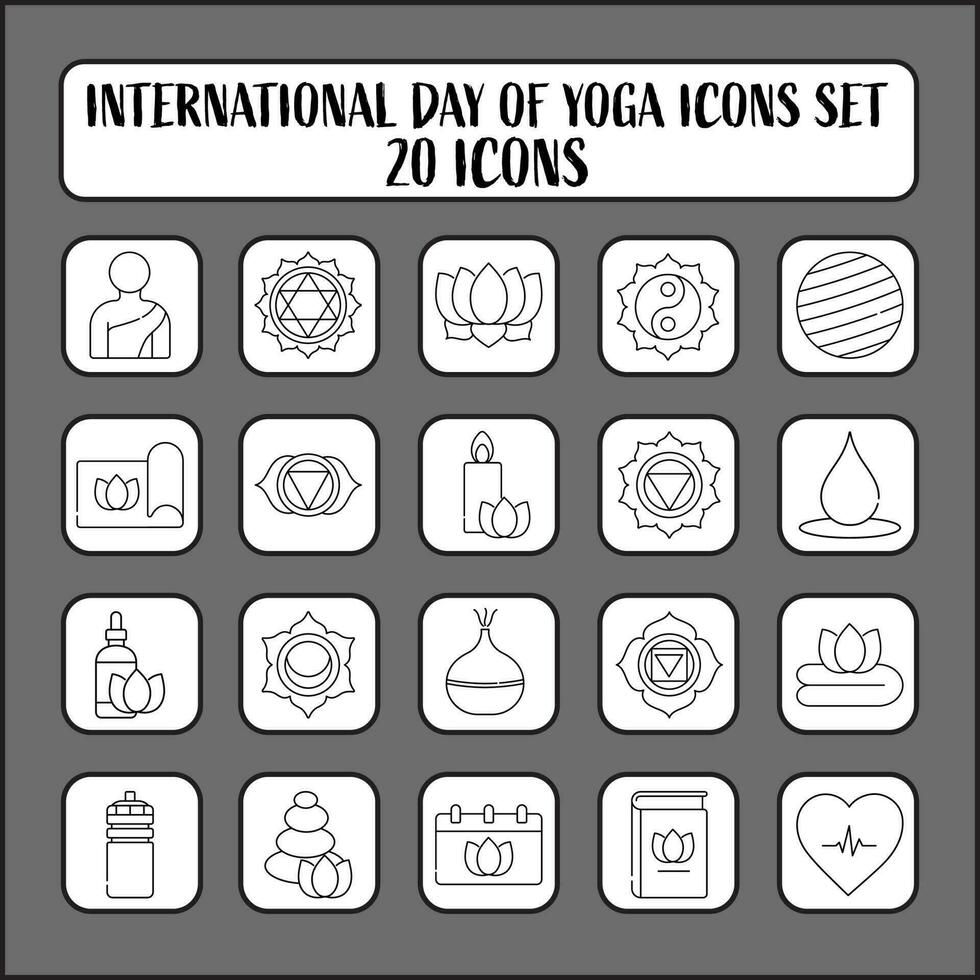 illustration av internationell yoga dag 20 ikon uppsättning i tunn linje konst. vektor