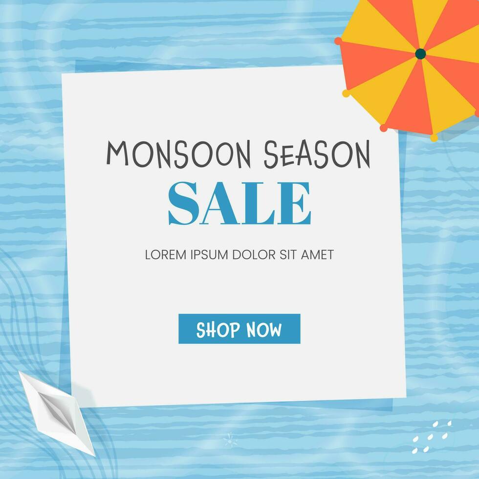Monsun Verkauf Poster Design mit oben Aussicht Regenschirm, Papier Boot auf Weiß und Blau Wasser Hintergrund. vektor