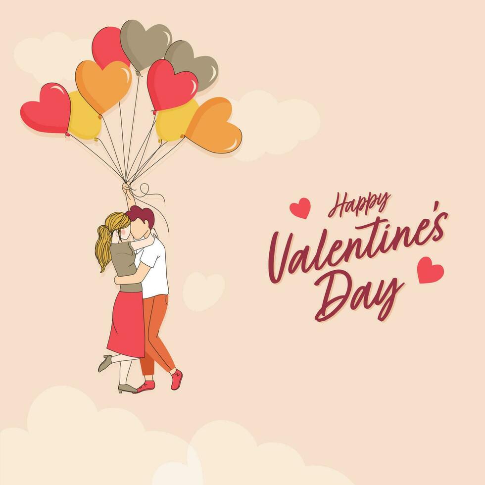 Lycklig hjärtans dag font med ung par fattande medan håll hjärta formad ballonger på persika bakgrund. vektor
