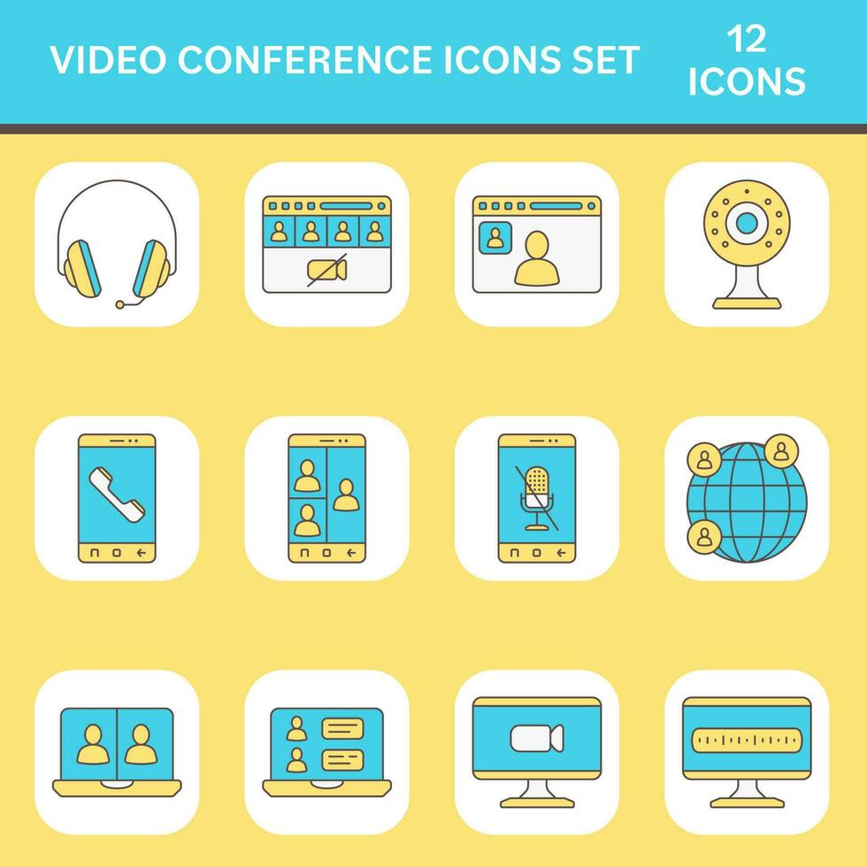 turkos och gul video konferens fyrkant ikon uppsättning. vektor