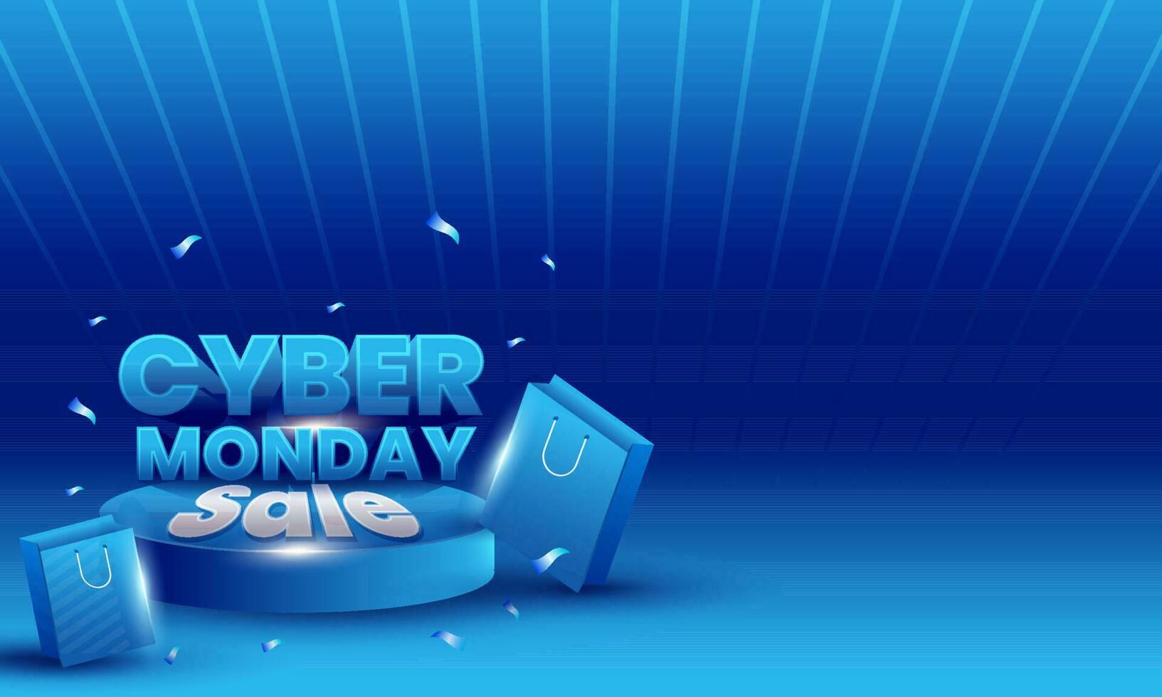 cyber måndag försäljning baner design med handla påsar, konfetti och podium på blå remsa bakgrund. vektor
