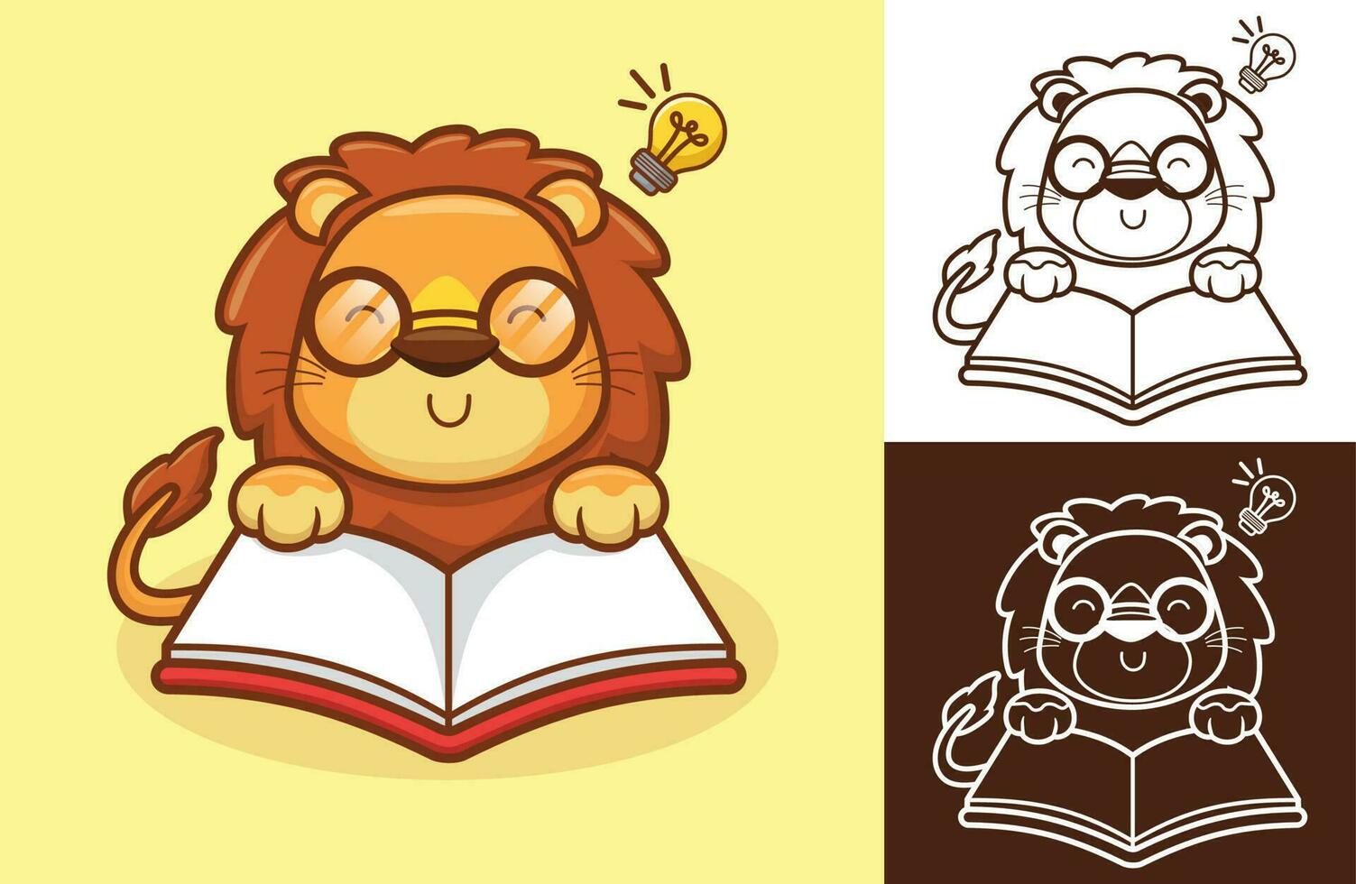 söt lejon läsning en bok använda sig av glasögon med glödlampa på den huvud. vektor tecknad serie illustration i platt ikon stil