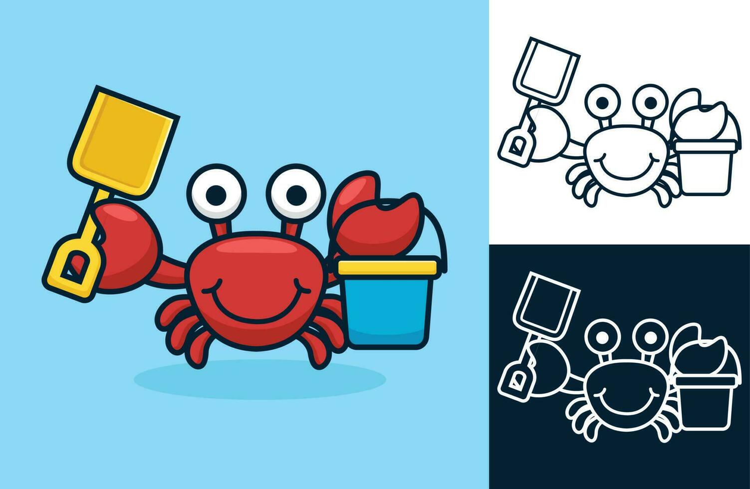 rolig röd krabba innehav skyffel och hink. vektor tecknad serie illustration i platt ikon stil