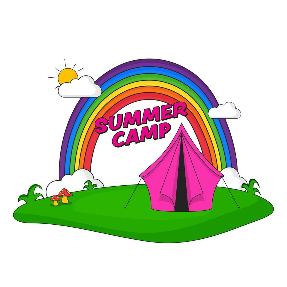 Sommer- Lager Poster Design mit Zelt, Regenbogen, Sonne, Wolke, Pilz auf Grün Natur und Weiß Hintergrund. vektor