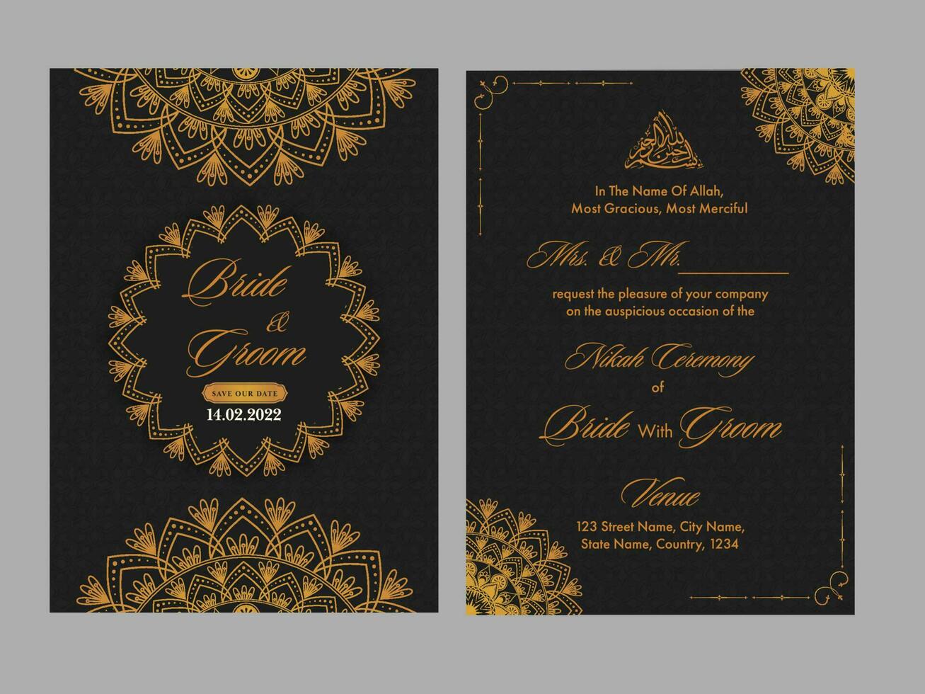 islamic bröllop inbjudan kort med mandala mönster i svart och orange Färg. vektor