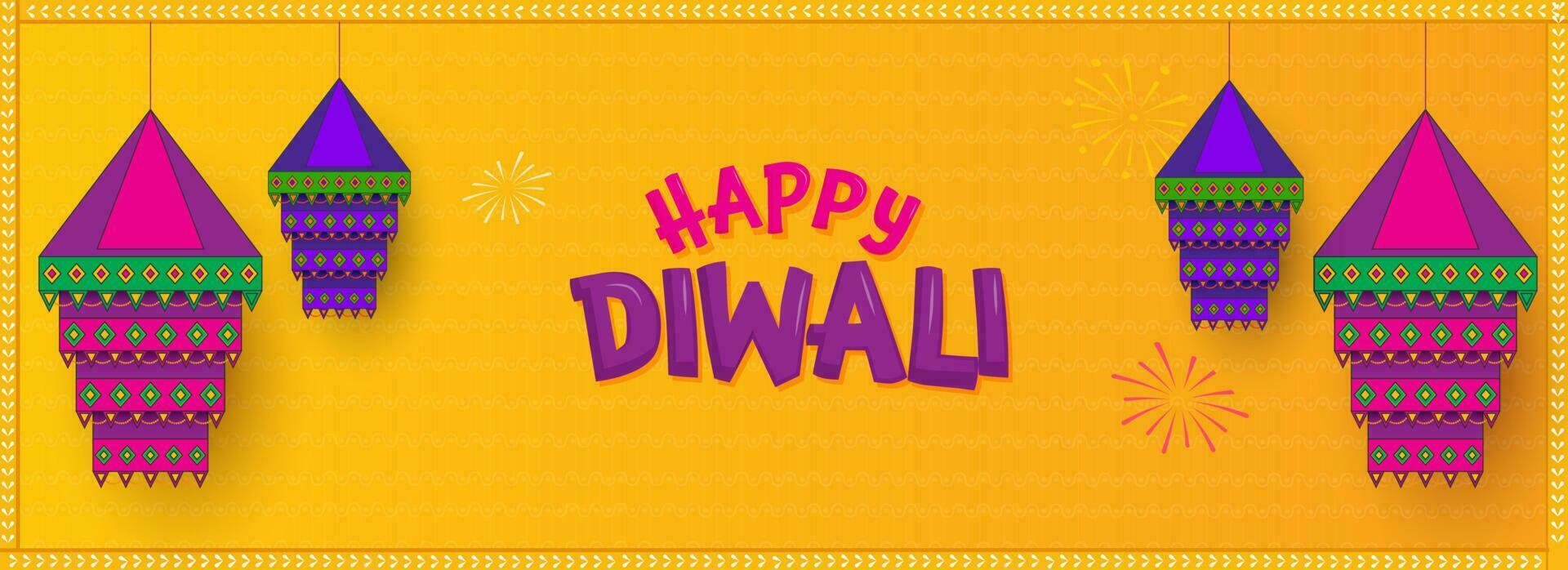 Lycklig diwali firande baner eller rubrik design med hängande traditionell lyktor på krom gul bakgrund. vektor