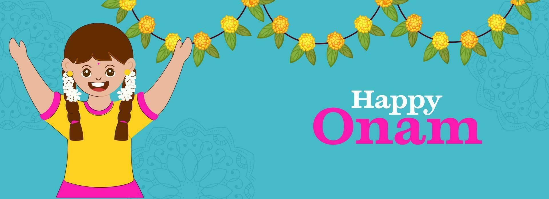 glücklich Onam Feier Banner Design mit heiter Mädchen erziehen Hände oben und Blumen- Girlande auf Blau Mandala Muster Hintergrund. vektor