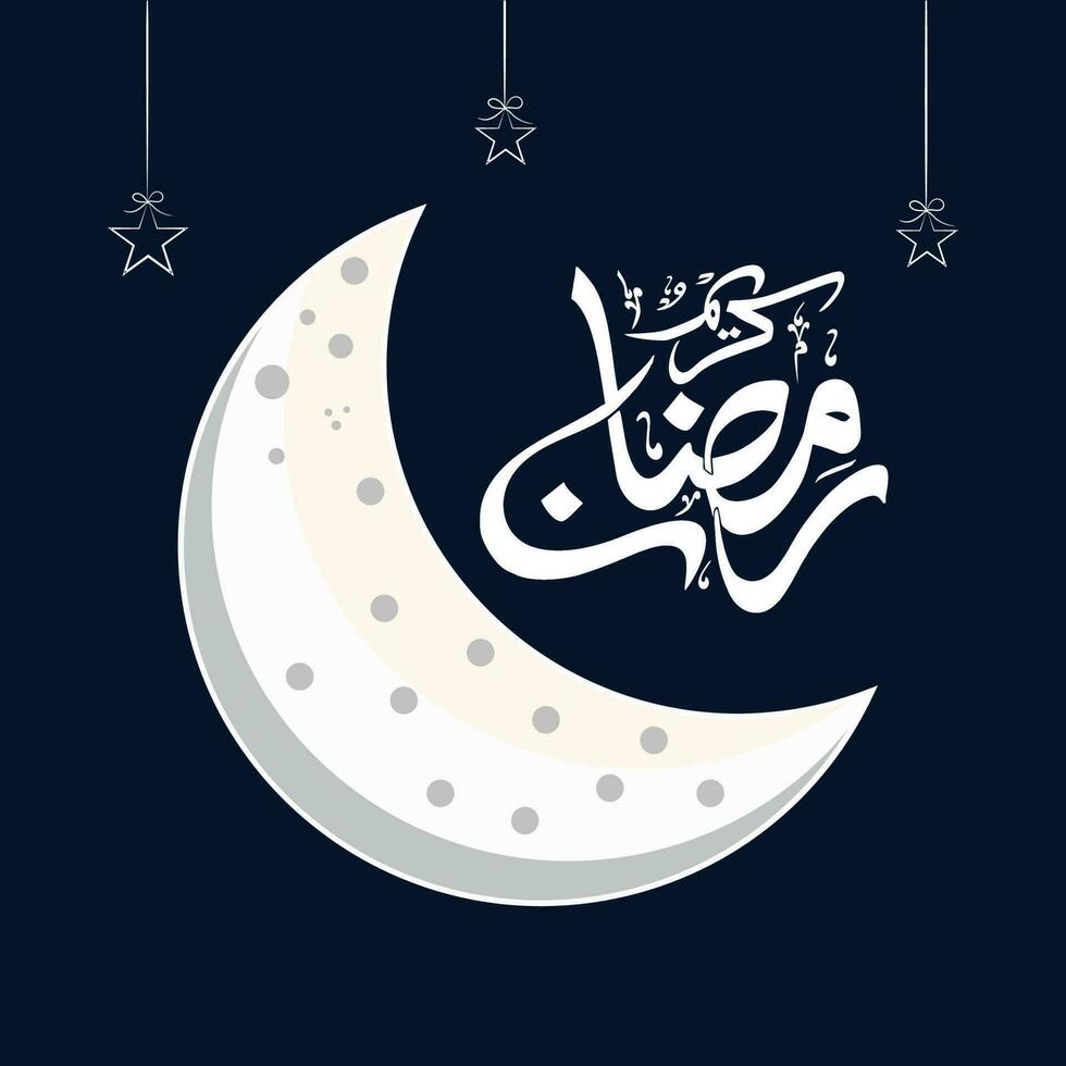 Weiß Arabisch Kalligraphie von Ramadan kareem mit Halbmond Mond und hängend Sterne auf Blau Hintergrund. vektor