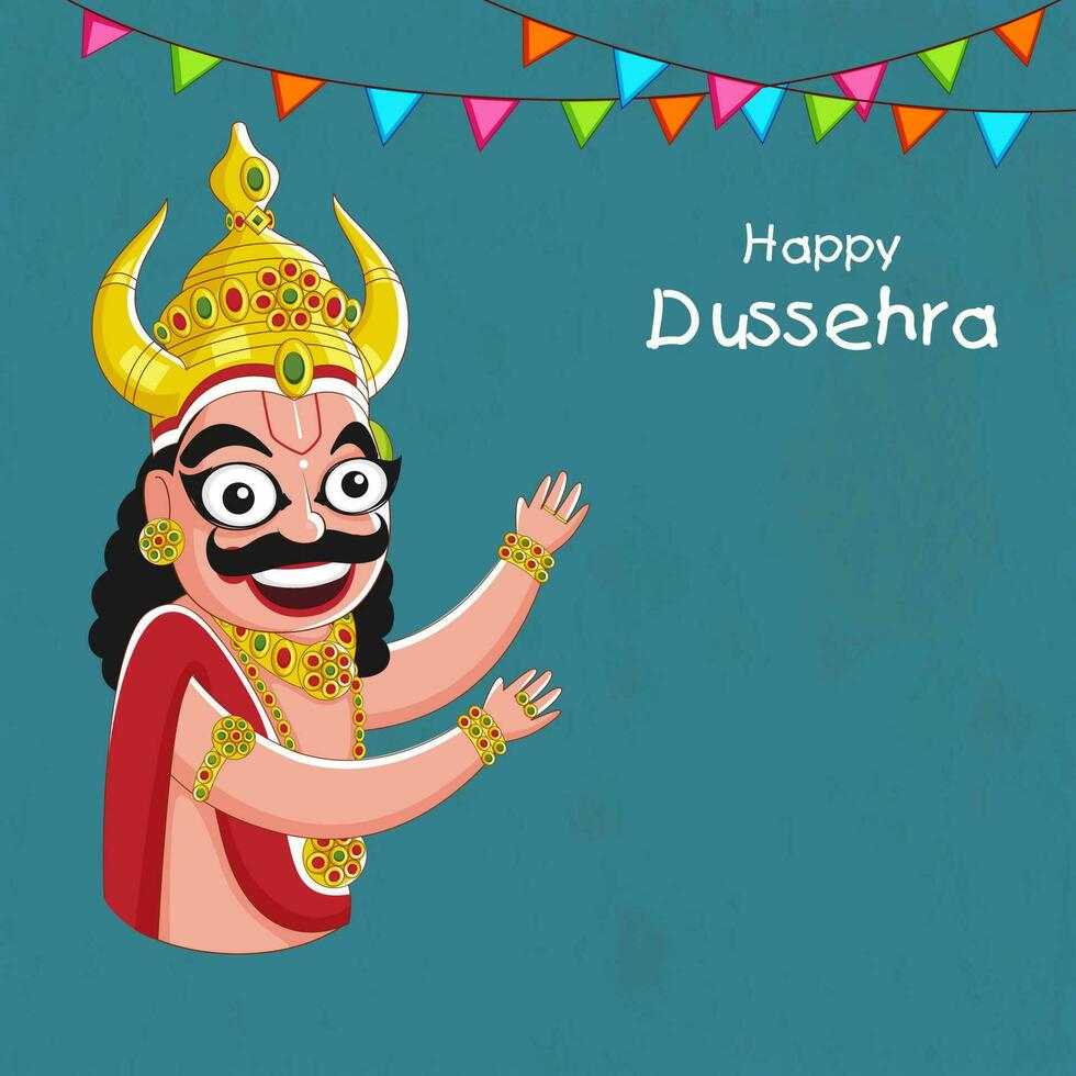 glücklich Dussehra Poster Design mit Charakter von Dämon König Ravana und Ammer Flaggen auf Blau Hintergrund. vektor