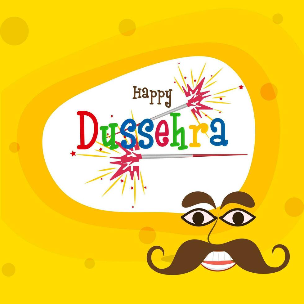 bunt glücklich Dussehra Schriftart mit funkelnd Stöcke, Dämon Ravana Gesicht auf Weiß und Chrom Gelb Hintergrund. vektor