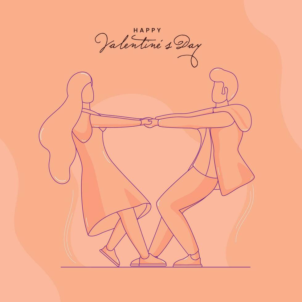 Lycklig hjärtans dag font med linjär stil ung par dans tillsammans på persika bakgrund. vektor